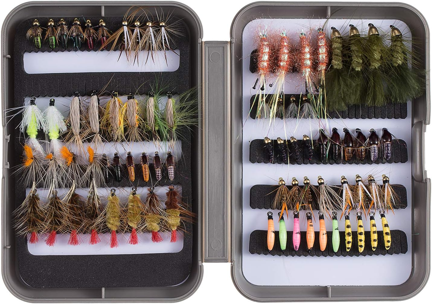 BASSDASH Fly Fishing Flies Kit Fly Assortment Trout Bass Fishing with Fly Box, 36/64/72/76/80/96Pcs with Dry/Wet Flies, Nymphs, Streamers, Popper - 57 Pcs Assorted Steelhead/Salmon/Trout Flies image number 3