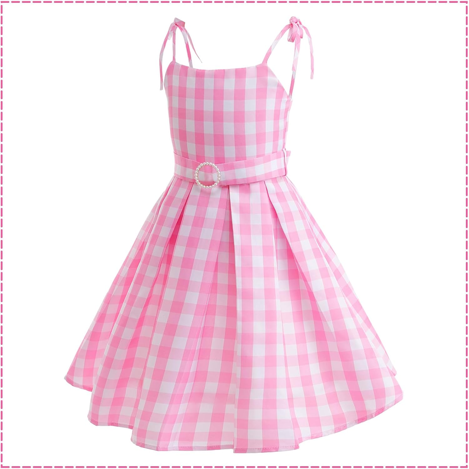 Girls Princess Dress Up,Pink Plaid Dress Pink Costume,Fancy Dress Pink Outfit for Book Week Day Halloween Birthday Party Dress up Ball Gown Halloween Costumes for Kids image number 1