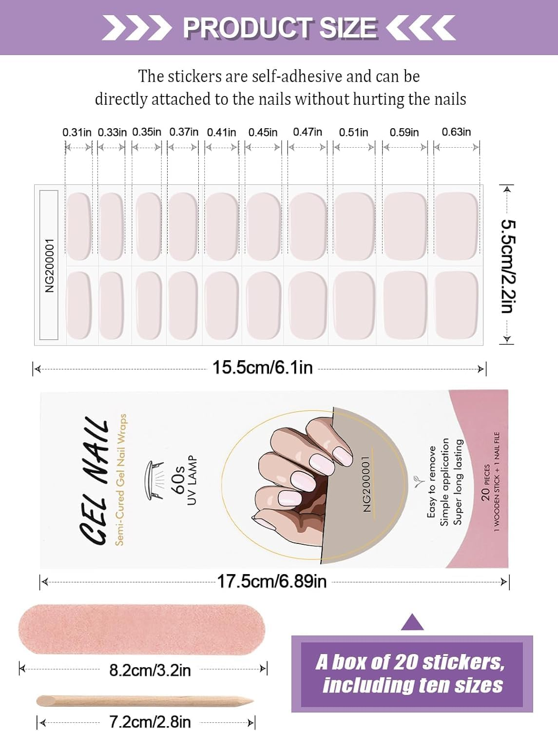 EBANKU 20PCS Gel Nails Polish Strips, Adhesive Full Wrap Nails Art Sticker, Waterproof Nail Wrap Stickers with File and Stick（Uv/Led Lamp Required）