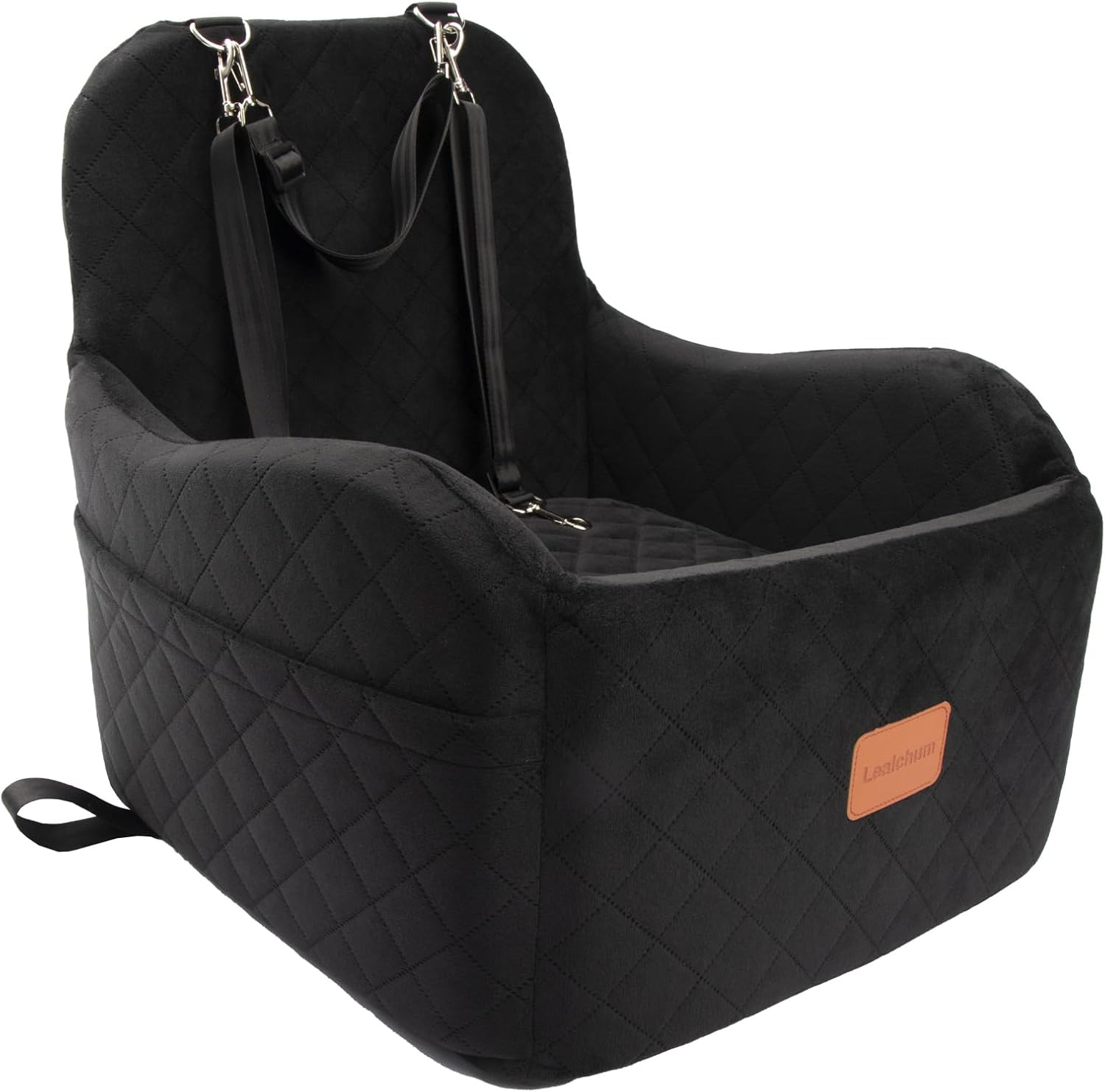 Lealchum Dog Booster Car Seat for Small/Medium Dogs up to 35Lbs,Elevated Cushion Fits in Front/Back Seat,Fully Detachable and Washable,2 Storage Pockets & Dog Leashes,Easy to Install(Black,Medium)