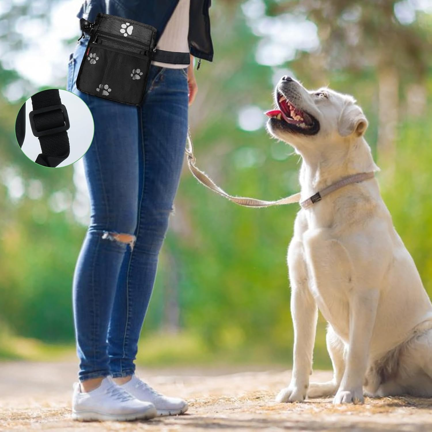 SZO Dog Treat Pouch - 3 Ways to Wear, 2-Piece Clicker Training Kit, High-Capacity, Multi-Function, Premium Nylon, Paws Pattern - Grey image number 6