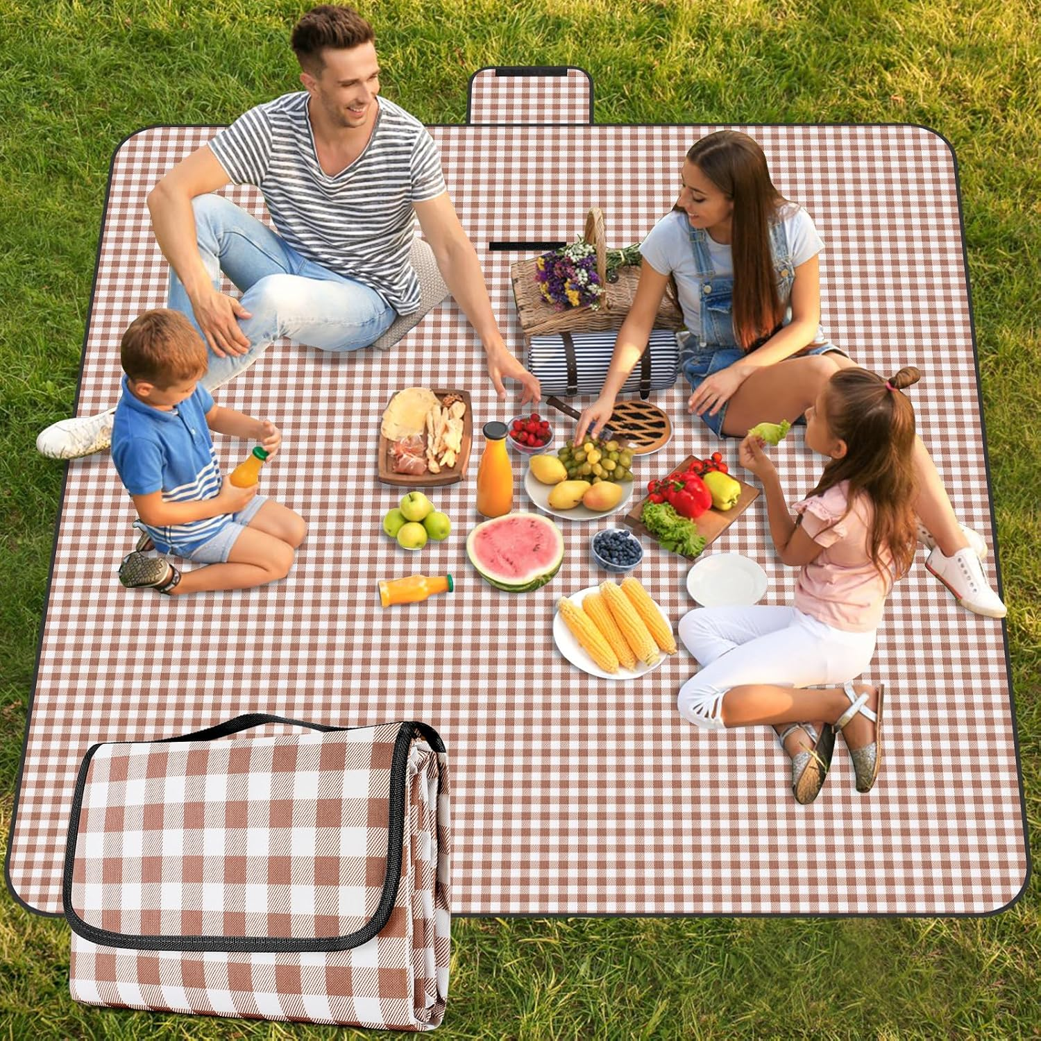 Picnic Blanket Waterproof Beach Rug Picnic Mat Washable Lightweight with Handle Yellow Checkered for Hiking Travelling Outdoor Camping,Parks,200Cm * 200Cm