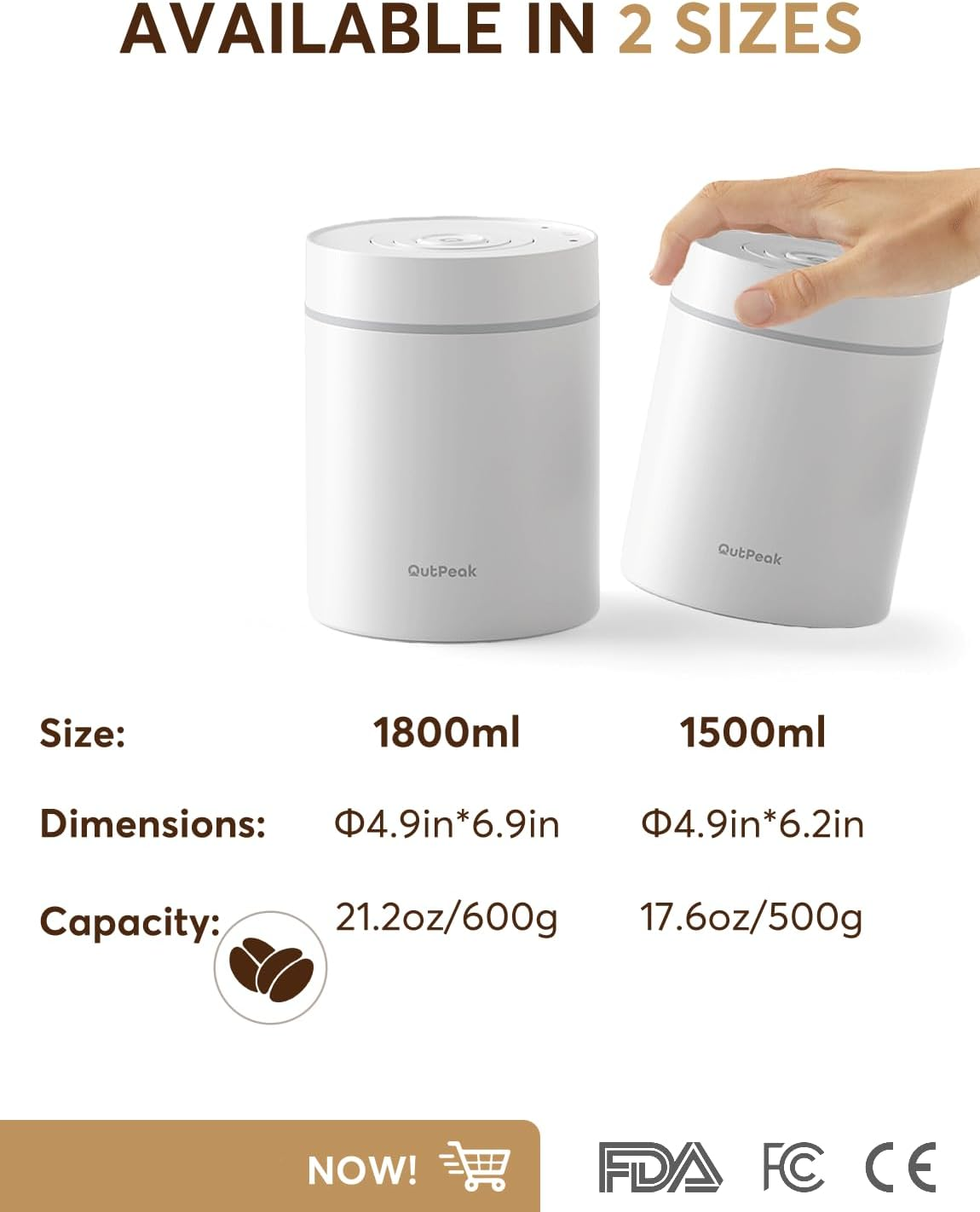 OUTPEAK Kilo Automatic Vacuum Coffee Canister, 1.8L for 600G Coffee Beans, One Button Operation, Stainless Steel Container with Spoon, 6 Months Fresh Storage Container image number 4