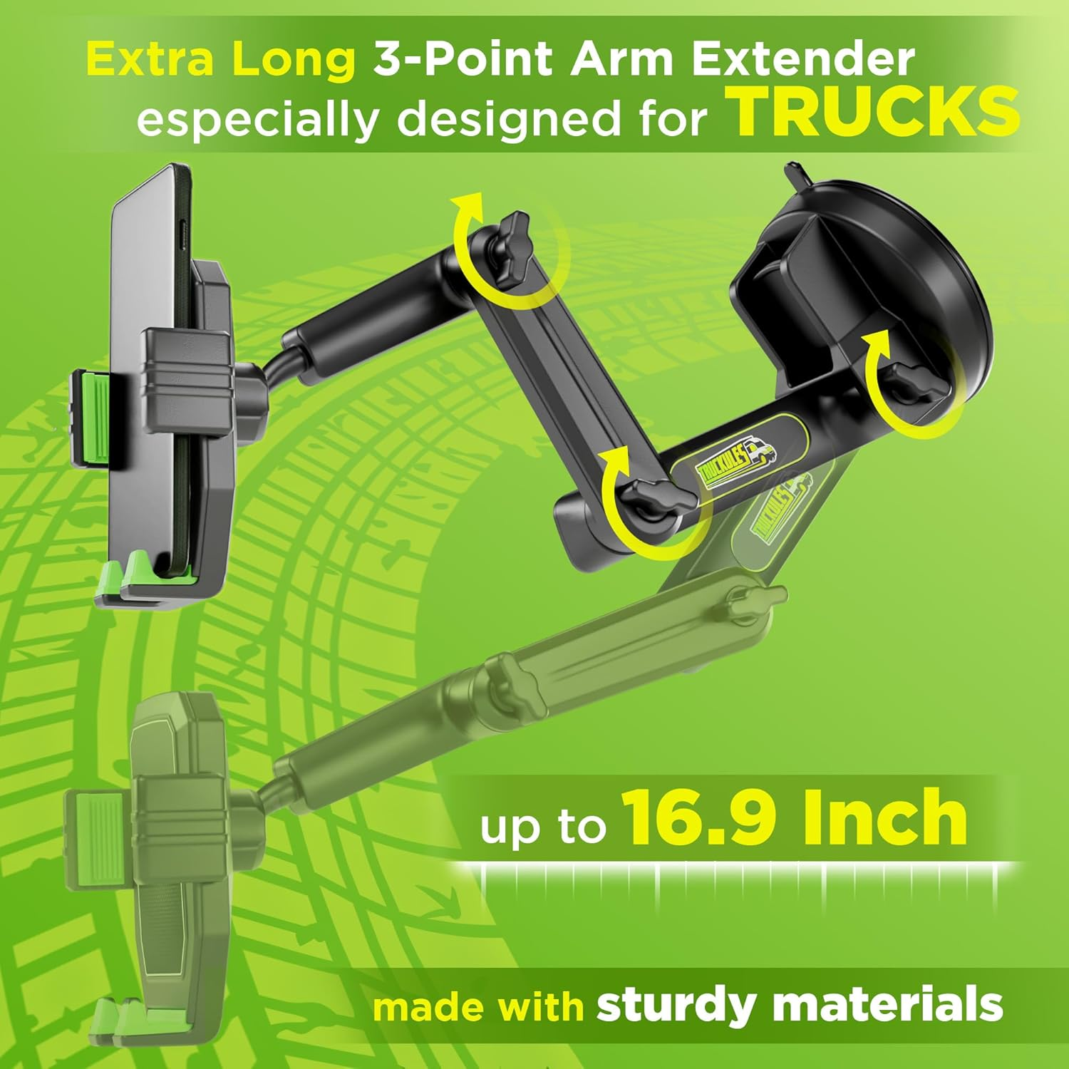 Phone Mount for Truck Phone Holder for Truck - Heavy Duty Super Suction Cup, Mobile Device Holder Dashboard Window 16.9 Inch Long Arm & Stable, Iphone & Samsung Compatible, Big Rig Trucker, Green image number 6