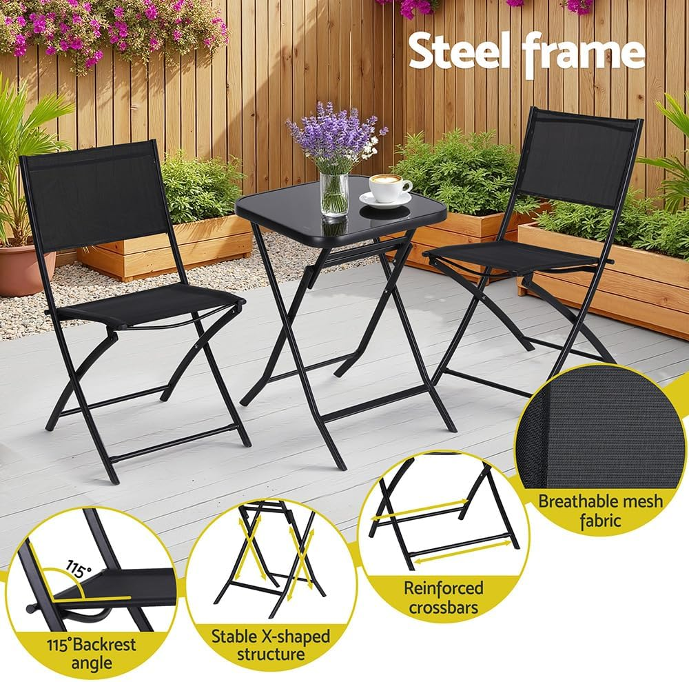 Gardeon Outdoor Bistro Set, Folding Table and Chairs W/Glass Tabletop, Patio Furniture for Garden Porch Backyard Lawn Poolside Deck, Steel Frame, Polyester Fabric Black image number 6