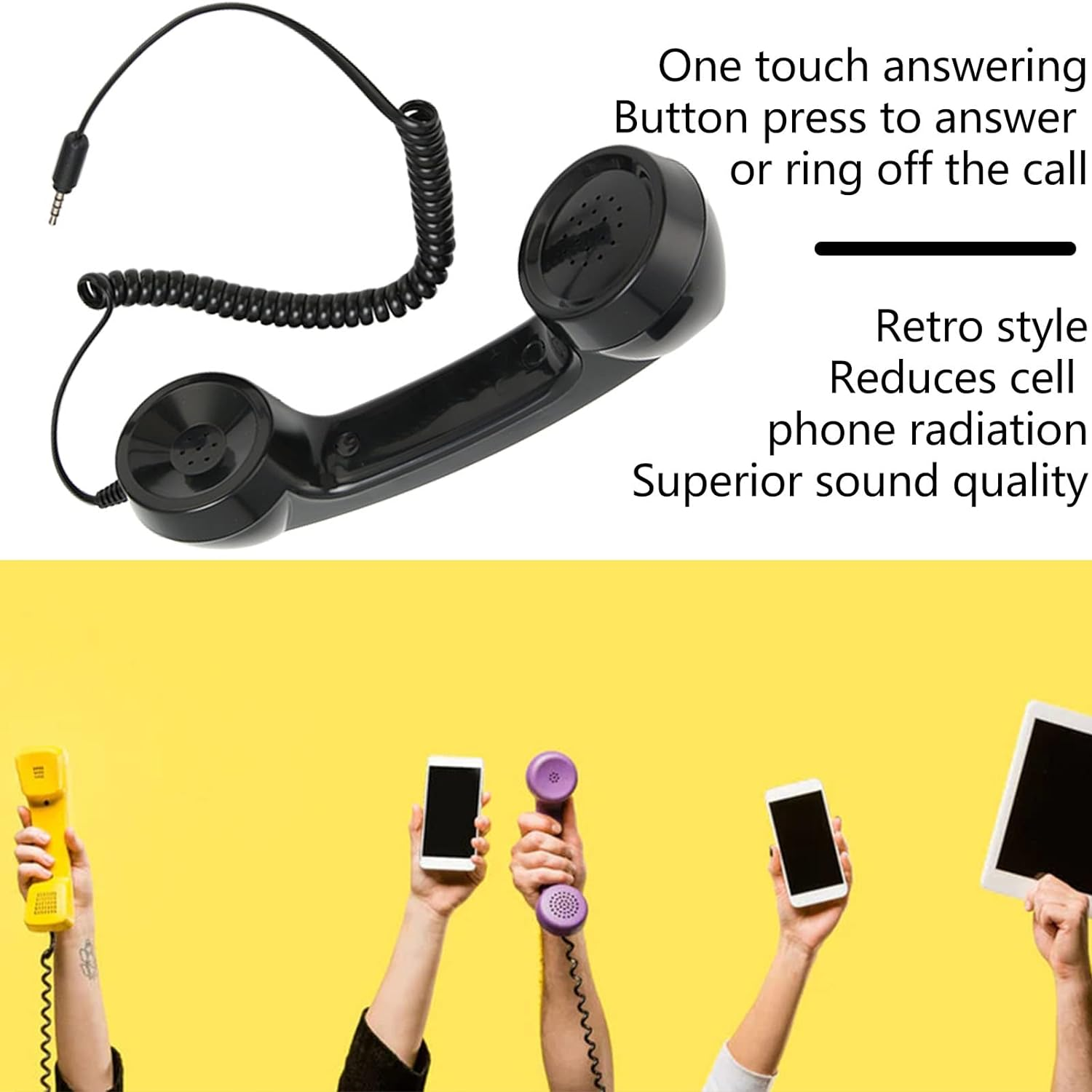 Retro Telephone Handset, Handheld Mobile Phone Receiver Mic Microphone Speaker, Radiation Proof Handset Receivers Headphones for Mobile Phones Cell Phone Smartphone (Black)