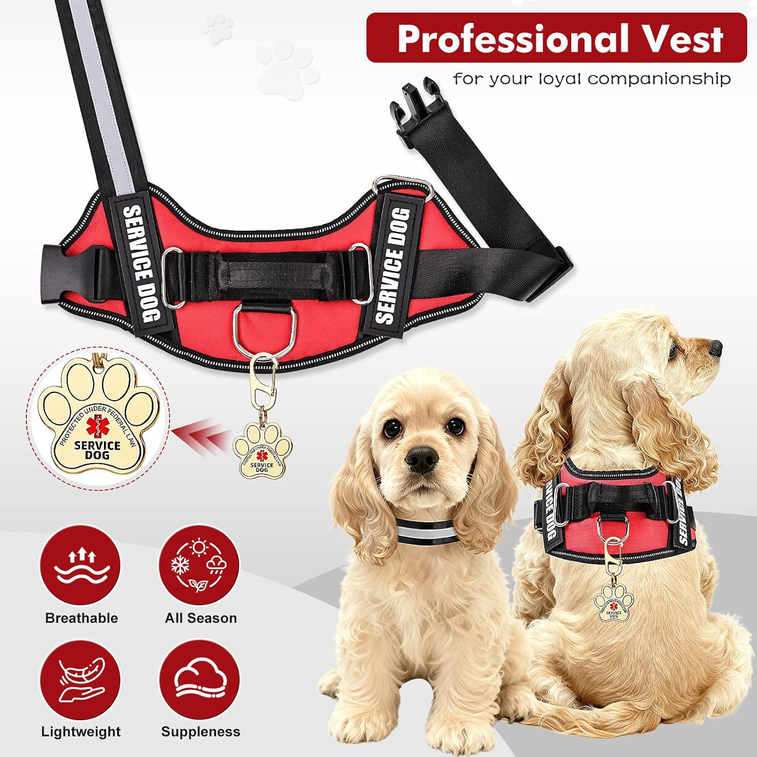 Opstin Service Dog Vest, ID Tag + 50 ADA Information Cards, Service Dog Harness in Sizes X Small to XX Large, Metal Dog Tag Has Ruggedized Clip, 2-Sided Service Animal Cards,Esa Accessory Set Small image number 3