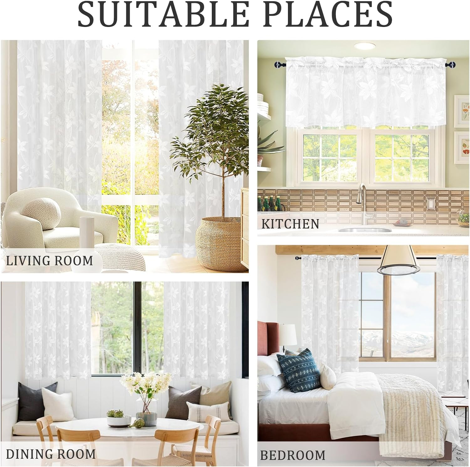 DWCN Sheer Curtains White Floral Lace Curtains Rod Pocket Window Curtains Drapes for Bedroom, Each W132 X D213 Cm, Set of 2 Panels