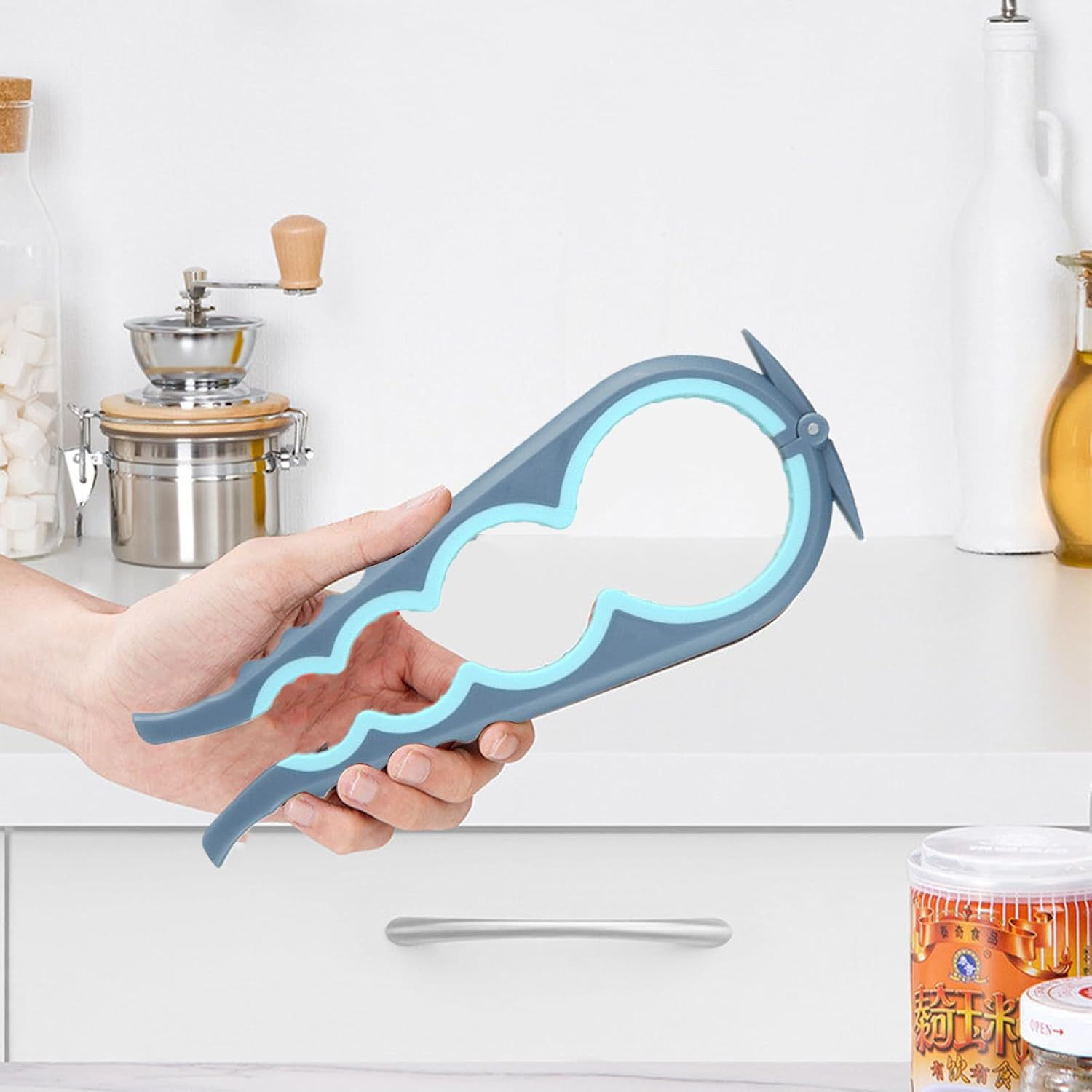 Jar Opener for Weak Hands - 4-In-1 Manual Bottle Opening Tool - Beer Bottle Opener Tool - for Kitchen Home Cooks Seniors Parents Meal Preparation Pantry Picnic Camping Swimming Barbecue - Gray Blue image number 7