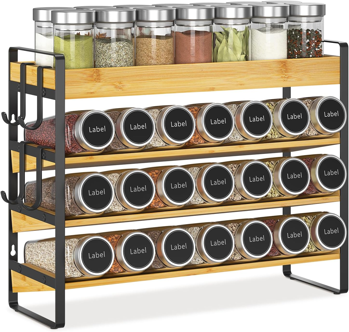 Esluker.Ly Spice Seasoning Rack Organizer Kitchen Countertop, 4 Tier Bamboo Spice Shelf Holder Storage with 4 Hooks, Wall Mounted Freestanding Stand for Pantry, Quick Spice Access(Jars Not Included) image number 2