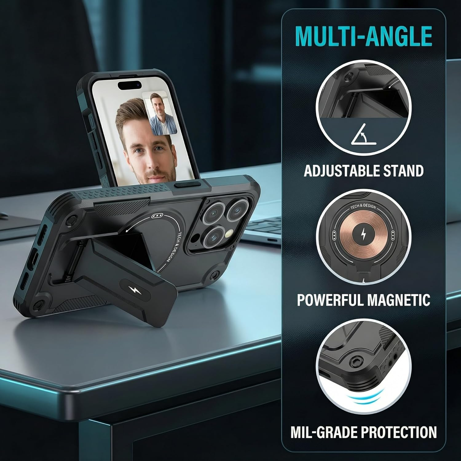 For Iphone 16 Pro Max Case with Stand, Military-Grade Protection Shockproof Magnetic Kickstand Case,Gold image number 2