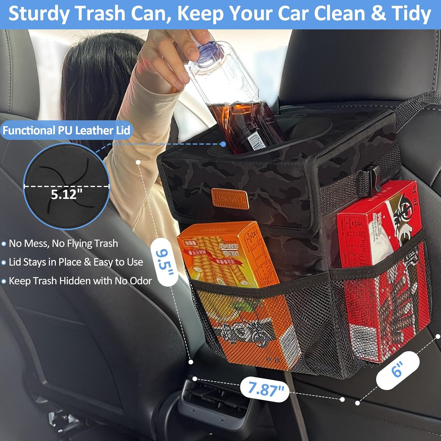 Car Trash Can Bin for Back Seat Leak Proof, Cute Car Trash Bag Hanging, Vehicle Trash Can for SUV Truck Van, Automotive Garbage Cans Front Seat Camo Black image number 4