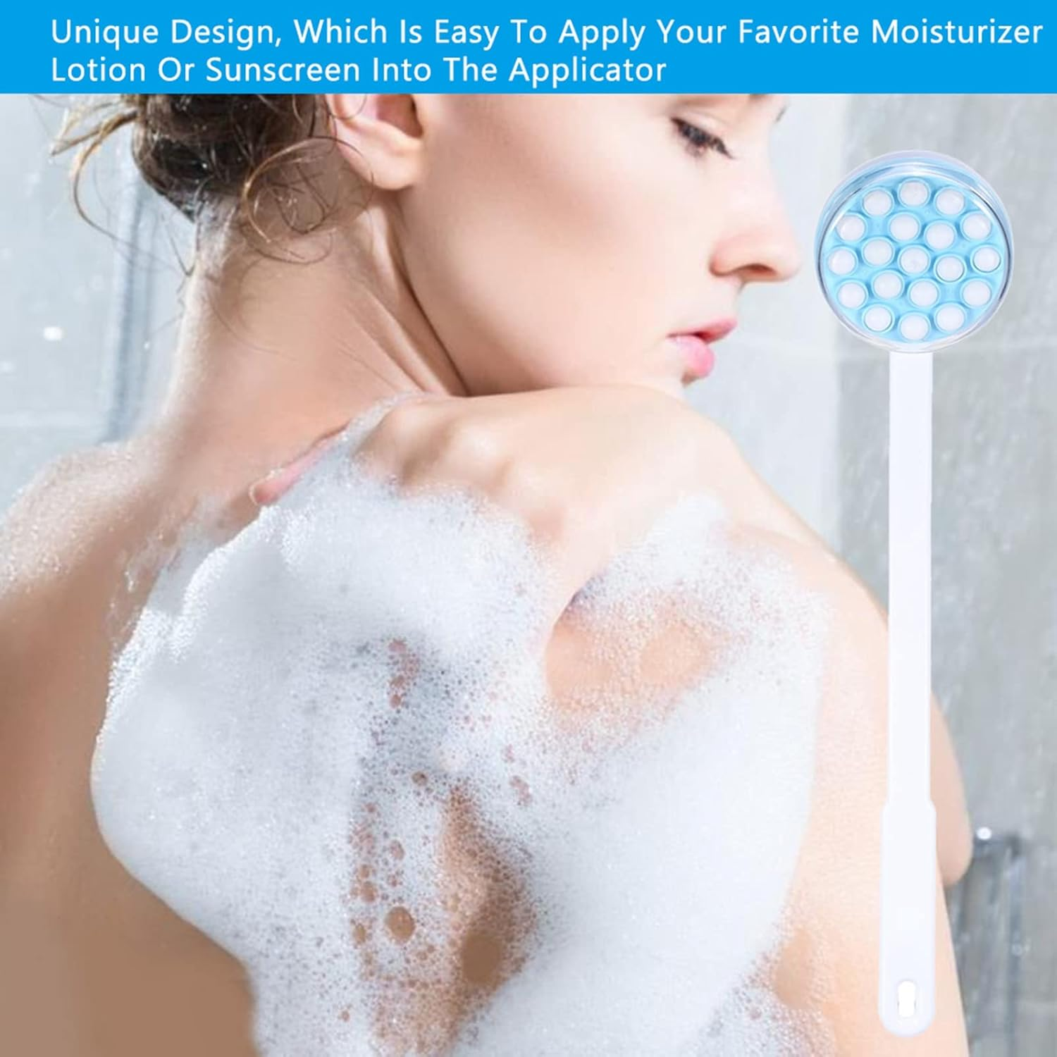 Back Lotion Applicator and Massager, Long Handled Handle for Sunscreen, Cream, Shower Gel on Back, Legs and Feet, Long Shower Brush And image number 4