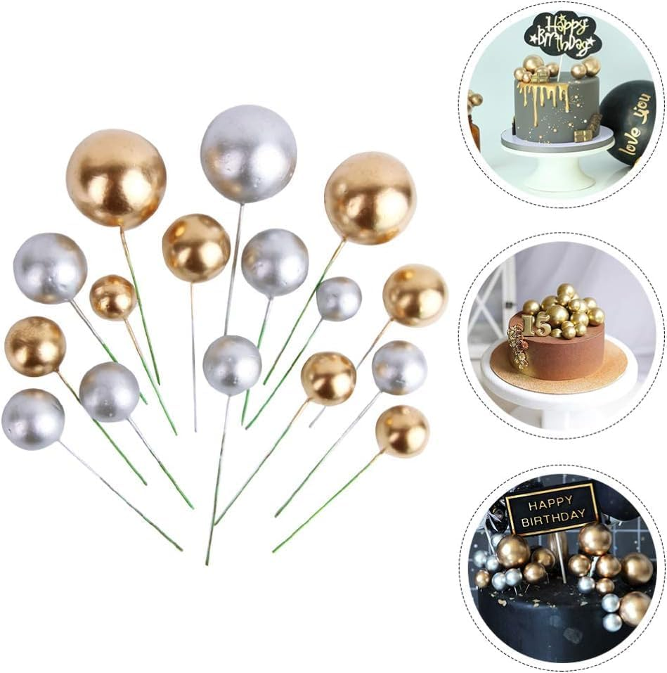 16Pcs Birthday Christmas Cake Toppers Golden Silver Balls Pearl Foam Cake Decoration Cupcake Dessert Topper Picks Holiday Party Supplies image number 2