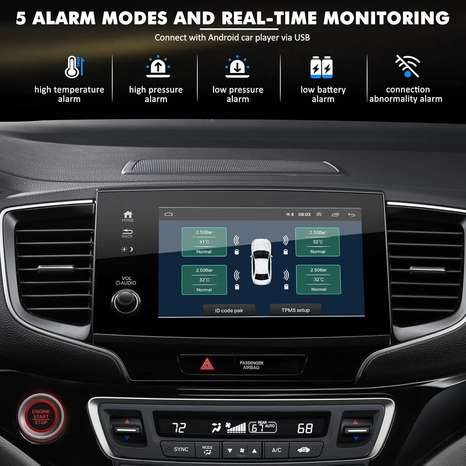 Avutrel TPMS Tyre Pressure Monitoring System 0-8 Bar Tyre Pressure Monitor with USB Charge, 4 Tyre Pressure Sensors, Android Navigation Display Compatibility, Universal Tool for Cars, Caravans image number 6