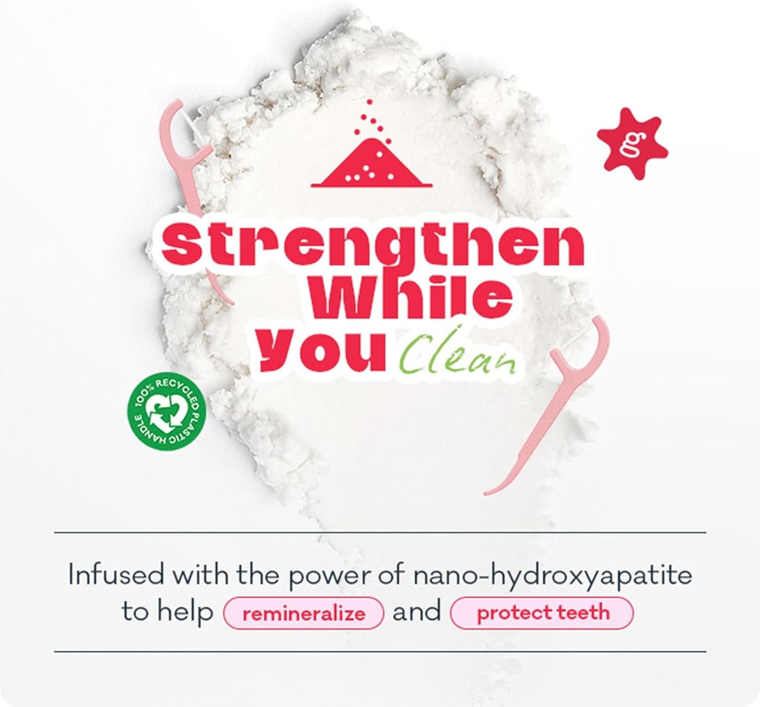 Grin Ultra Smooth Watermelon Flavoured Floss Picks, 80 Pack, Nano-Hydroxyapatite Infused, 100% Recycled Plastic Handle, Premium UHMW PE Floss image number 3