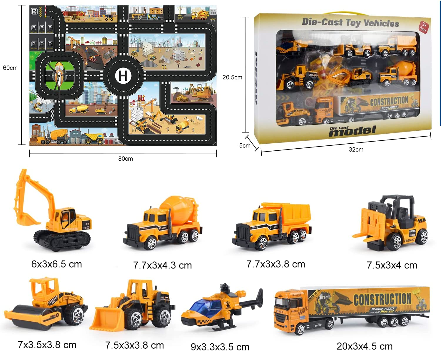 Jenilily Construction Vehicle Toy Car Set Play Mat, Long Truck, Forklift, Bulldozer, Excavator, Mixer, Dump Truck, Alloy Car Toys for 3 4 5 6 Years Old Toddlers Kids Boys image number 1