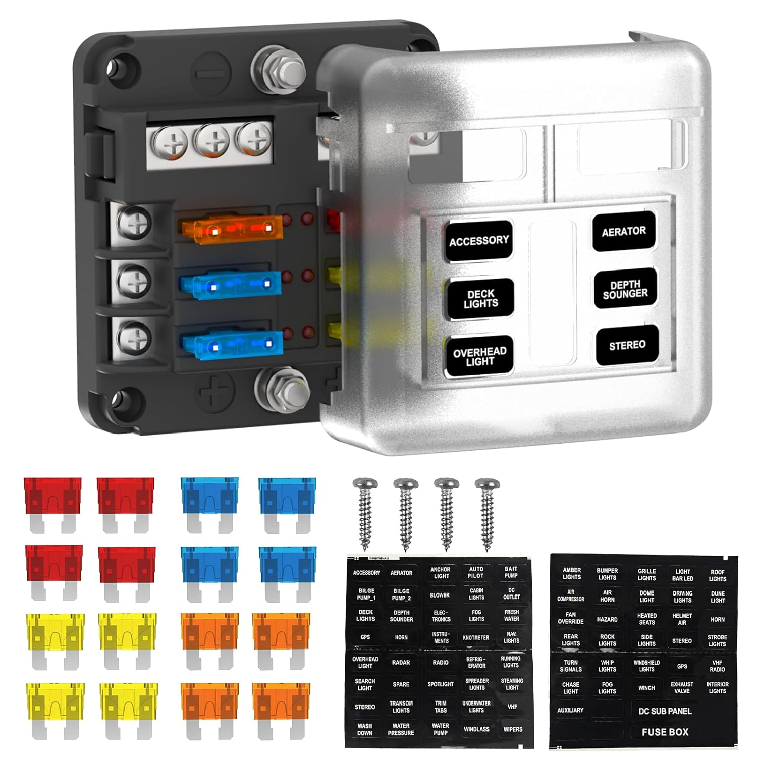 Uckasayfy 6 Way Fuse Box 12V/24V DC ATC/ATO Fuse Block with 16 Pcs Fuses LED Indicator Negative Bus for Automotive, Car, Boat, RV, Truck, Marine