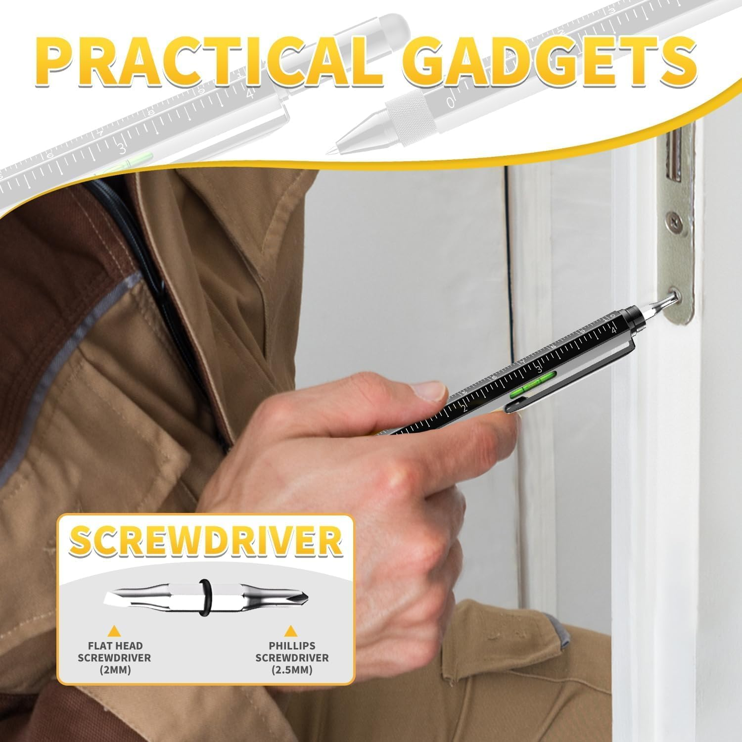 2Pcs 6-In-1 Multifunctional Tech Pen Gadgets Tool, Men'S Cool Small Tool, Touch Screen Stylus, Ruler, Level, Screwdriver Set, Ballpoint Pen for Men Husband Engineer Teacher Friend (BK) image number 3