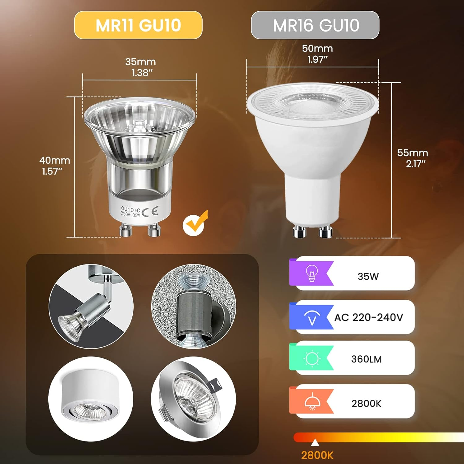 Bonlux Mini 35W GU10 Halogen Bulbs Dimmable Reflector Bulbs Warm White 2700-2800K, Spot Downlight Halogen Bulb Replacement for 3W Bulbs, GU10 2-Pin Base 360 Lumen 220V-240V, 8 Pack image number 6