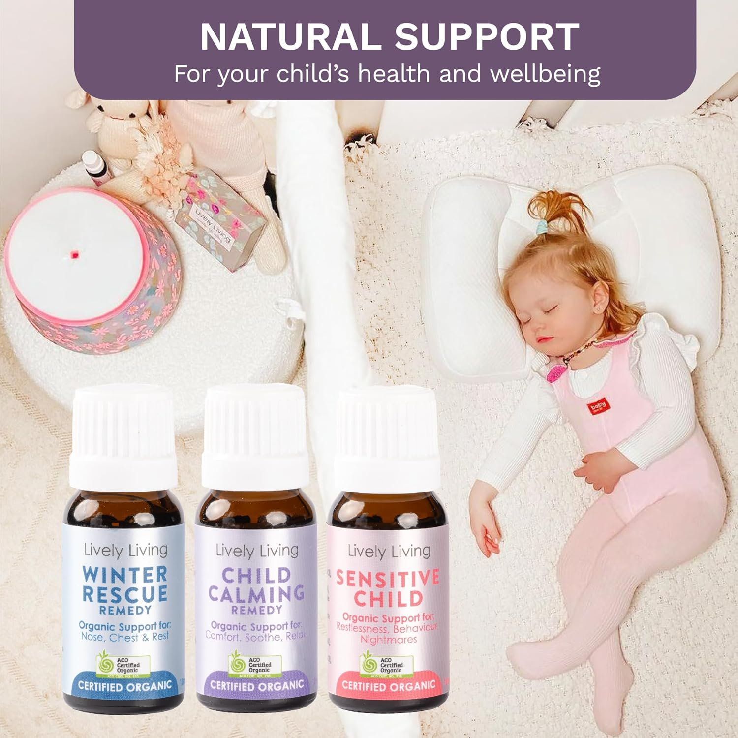 Lively Living Bambino Baby Organic Essential Oils Trio - Australian Certified Organic Oil Gift Set for Nursery Diffuser or Humidifier | Help Toddlers or Child Sleep, Calming, Relaxing 3 X 10Ml Bottles image number 2