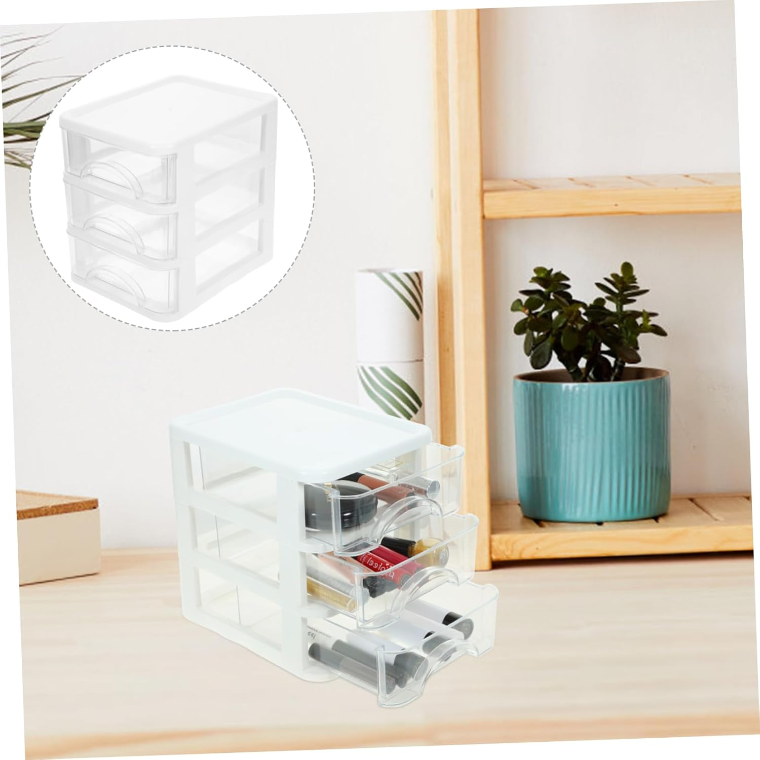 COMPUKAS Desk Organizer with 3-Layer Drawers White Plastic Desktop Storage Box Multi-Function Stationery Organizer for Office and Home Use image number 4