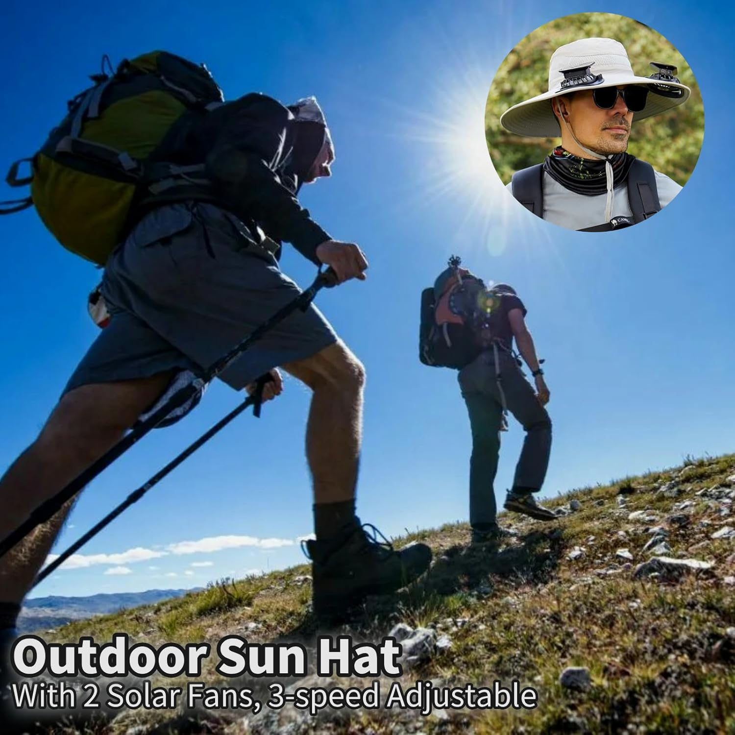 Solar Fan Hat, Outdoor Wide Brim Sun Hat with Dual Cooling Fans UPF50+ Sun Protection 3-Speed Adjustable Airflow, Solar & USB Charging for Fishing, Camping - Black image number 3