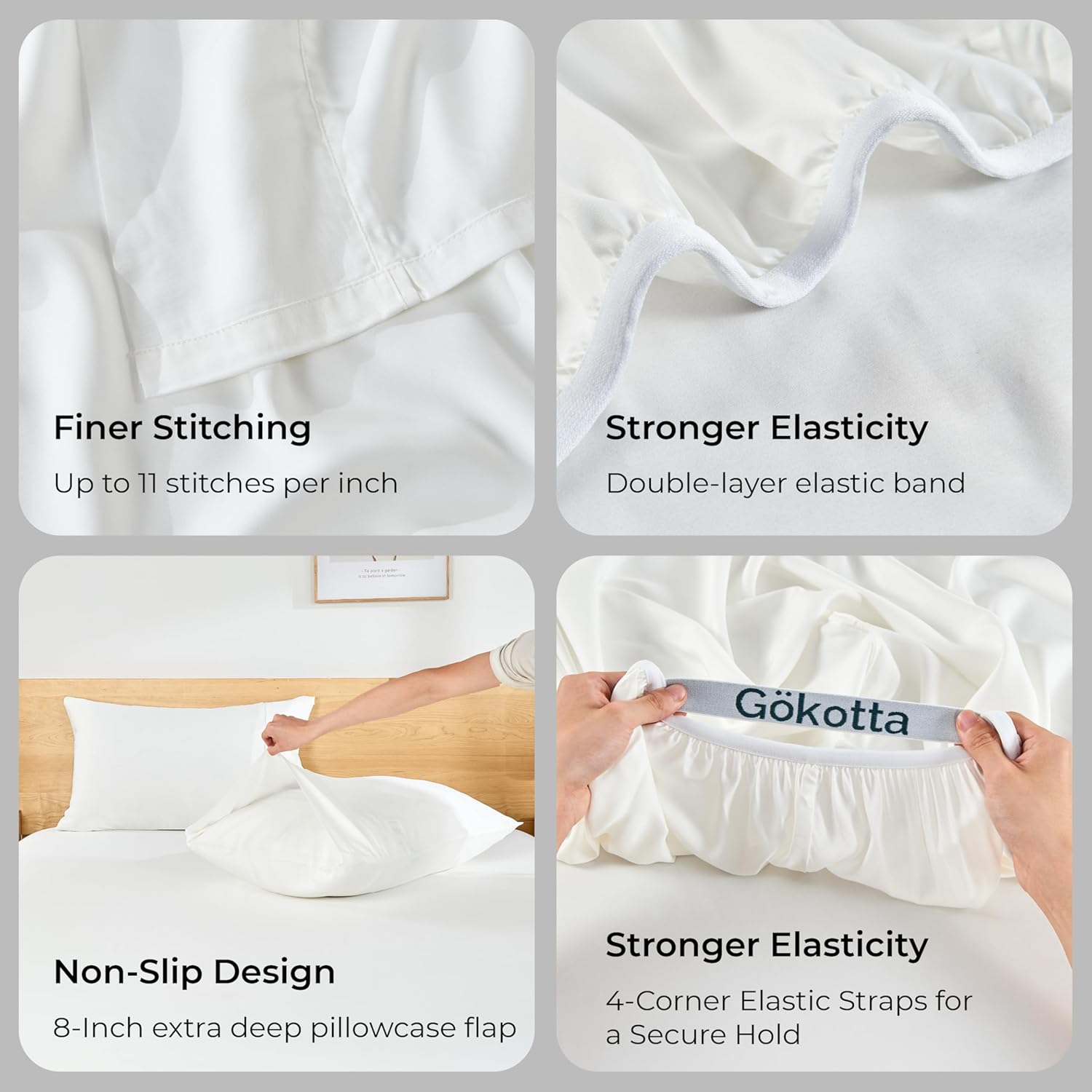 GOKOTTA Cooling Sheets King Size for Hot Sleeper, Breathable Luxury Soft Bamboo Sheets with 4 Elastic Corner Straps, 16 Inch Pocket, Bed Sheets with Double Stitched (Bright White, King) image number 6
