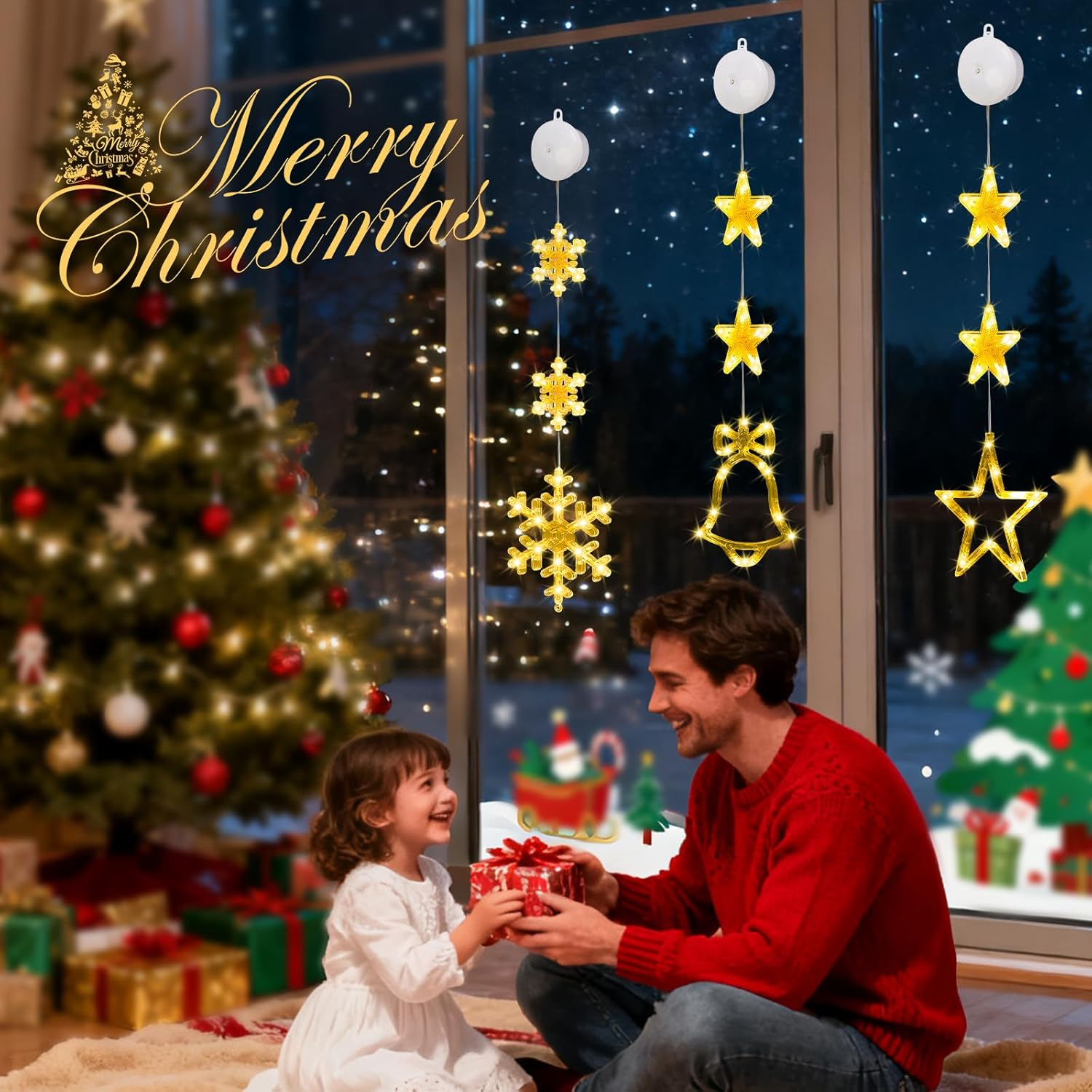 Yizhet Pack of 3 Stars Bell Snowflakes LED Stars Christmas Lights Christmas Star Window Fairy Lights Battery for Birthday Wedding Party Christmas Decoration