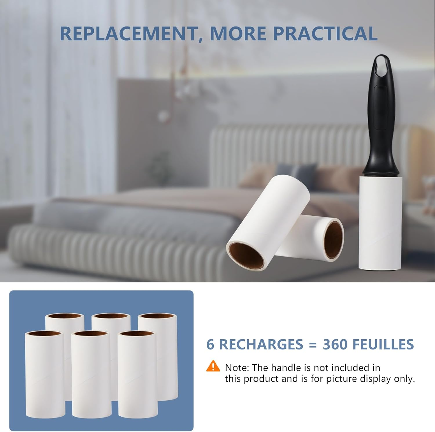 Vinabo Lint Refills, 6 Rolls of 60 Sheets Each, Total 360 Sheets, Extra Sticky Pet Hair Replacement Rollers for Clothes, Beds, Carpets, Pet Hair of Cats/Dogs image number 1