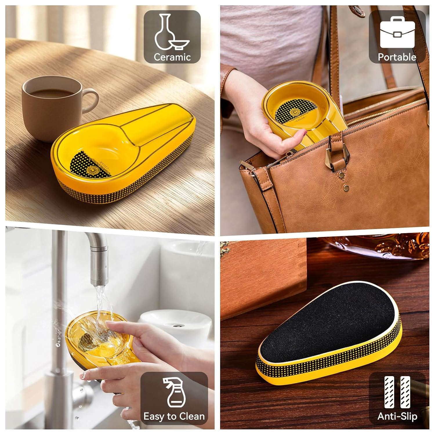 Cigar Ashtray with Cigar Cutter Set Portable, Include Ceramic Ashtray, Enlarge Sharp V-Cut Cutter Punch with Gift Box, Accessories Set for Men(Yellow) - Blue image number 6