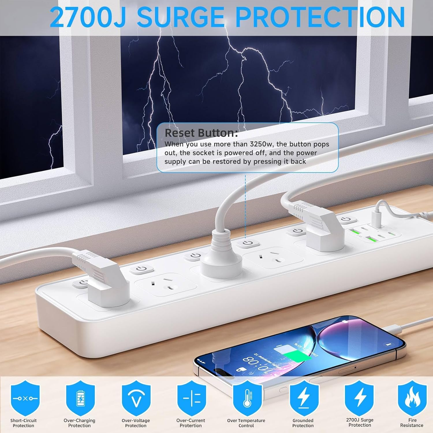 Power Board with Individual Switches, 1.8M Extension Lead, Power Strip 5 AC Outlets, 6 USB PD 30W Super Fast Charging USB C, Mountable, Desktop Charging Station for Home, Office, School, Dorm (White) image number 5