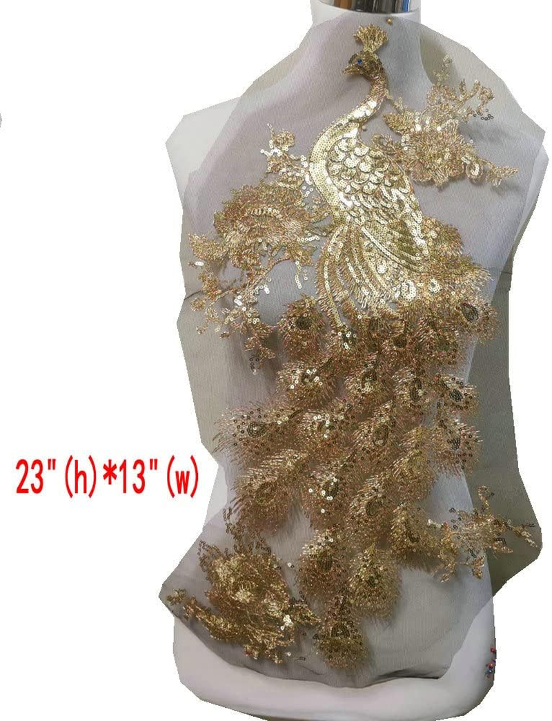 1Pce Bright Color Embroidered Peacock Sewing Patches(23.5" X 13.4") (Gold Color) - Gold image number 2