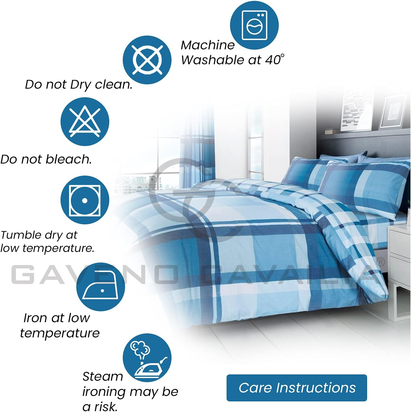 Gaveno Cavailia Premium Bedding Set and Pillowcases, Easycare Reversible Quilt Duvet Cover, Waverly Check Blue, Double Size, 50% Polyester & 50 Cotton image number 6