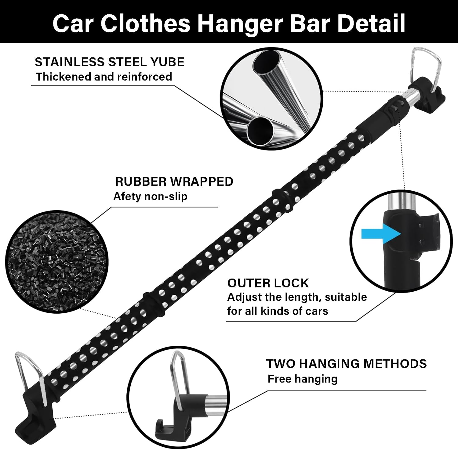 UEGHNS Car Clothes Hanger Bar, Clothes Rack for Car Telescopic Adjustable 31.6-54Inch, Heavy Duty Car Clothes Rack Suitable for Cars, Trucks, Suvs, Rvs, Road Trippers, Rvs.(34-53.3Inch)
