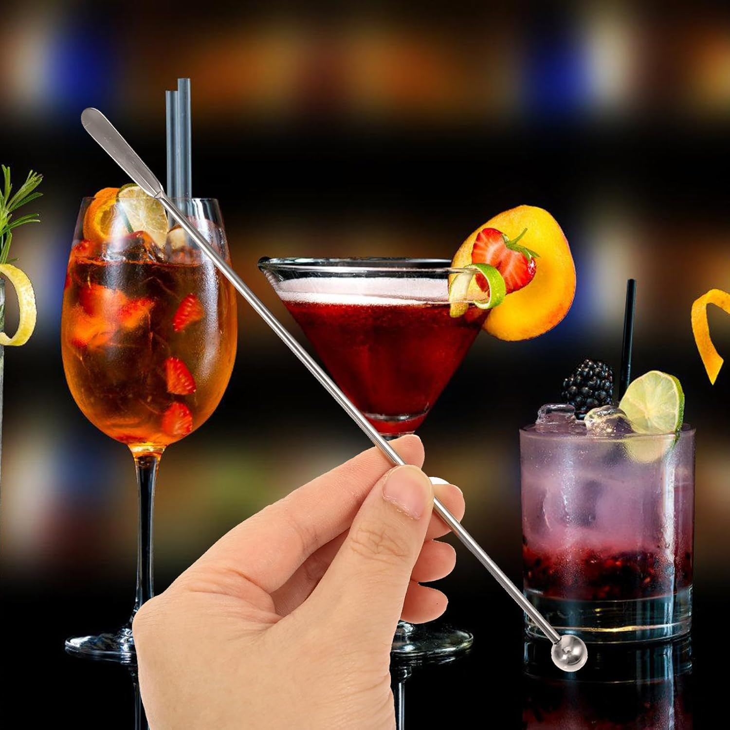 Hoement Stainless Steel Stirring Rods for Coffee and Cocktails, Reusable Silver Metal Drink Sticks with Flattened End, Beverage Mixers for Home Bar and Tea, Sturdy Party Stirrer Set image number 1