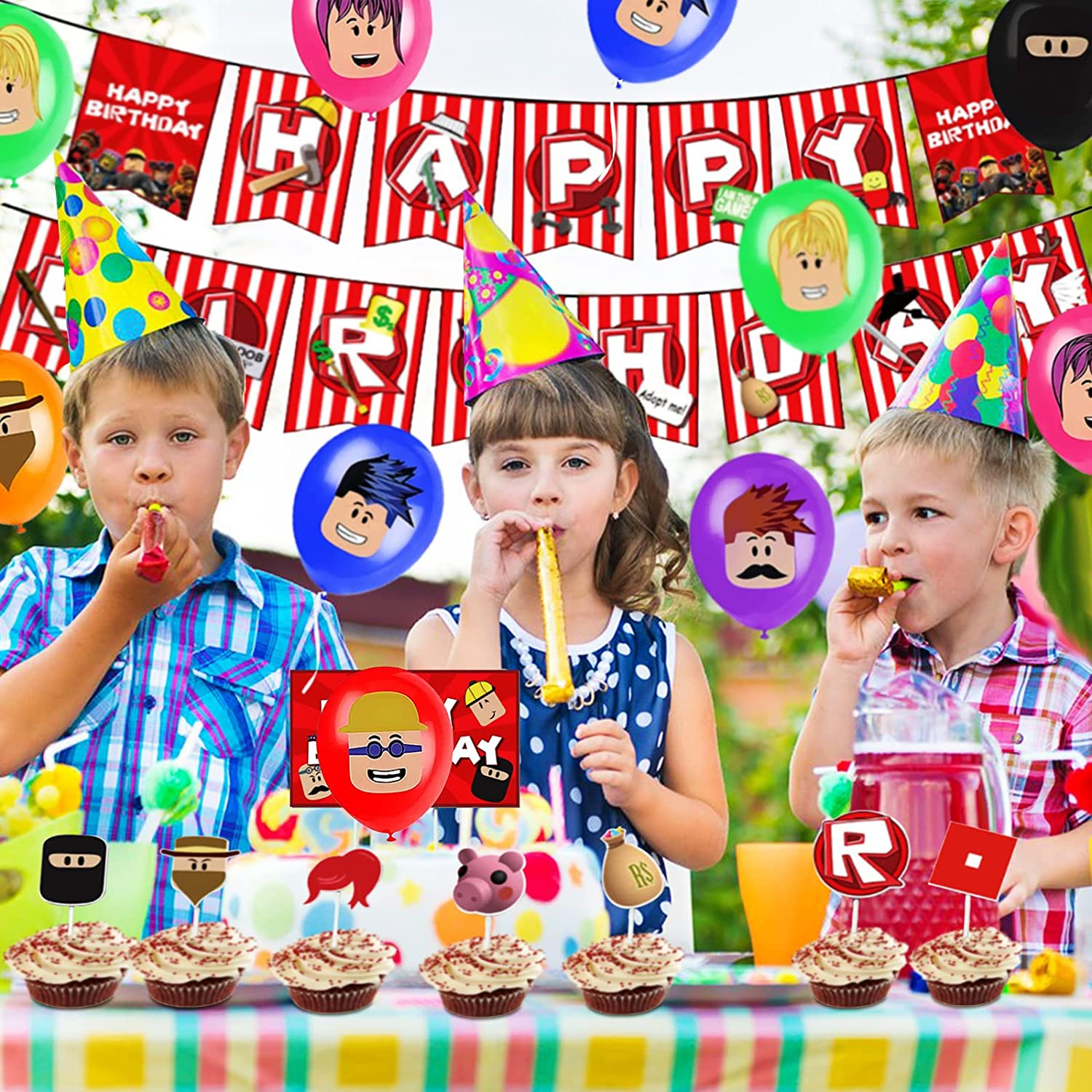 Roblox Birthday Party Supplies, Ro-Blox Theme Party Decorations Set, Include Balloons, Happy Birthday Banner, Cake Topper, Roblox Virtual World Party Decorations for Boys Birthday image number 1