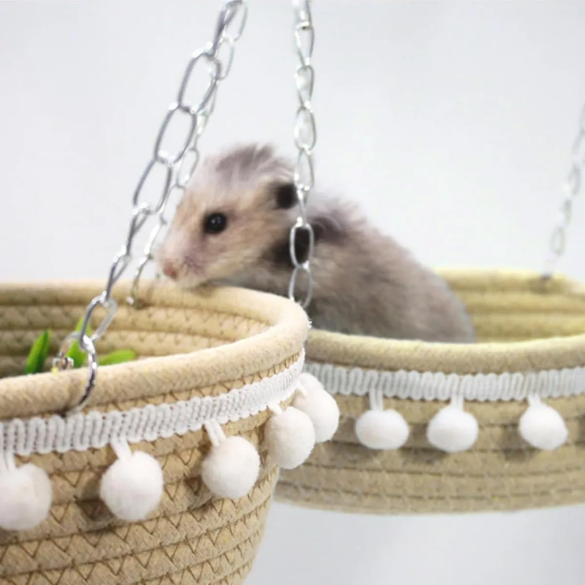 AIMALL Small Pet Hammock for Hamster, Guinea Pig, Rat, Ferret - Soft Cotton Hanging Bed Nest with Pom-Pom Details, Secure Hanging System for Pet Cage - Cozy and Comfortable Resting Spot image number 4