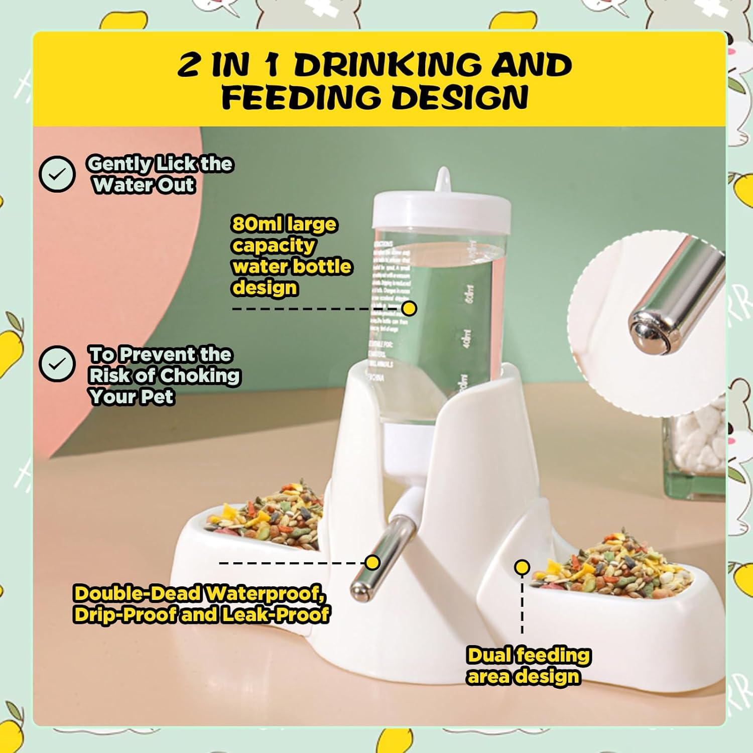 SUSOO 3-In-1 Hamster Water Bottle and Food Dispenser Set, Automatic Leak-Proof Waters Feeder for Small Animal Cage Accessories, Stand Water Bottle Holder for Hamsters, Rats, Guinea Pigs,Rabbits (80Ml) image number 5