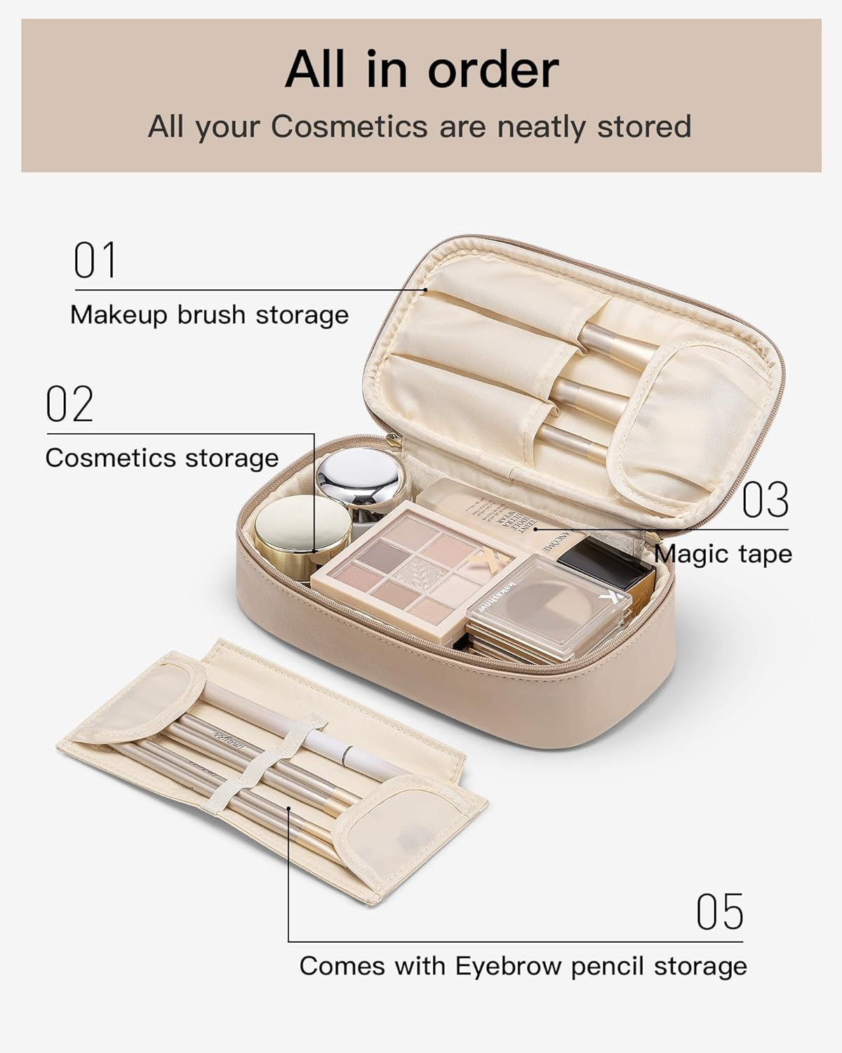 Vlando Travel Makeup Bag,Small Makeup Bag for Women,Gifts for Women Girls, Makeup Pouch Purse Travel Essentials Toiletries-Toffee - 01-Toffee image number 2