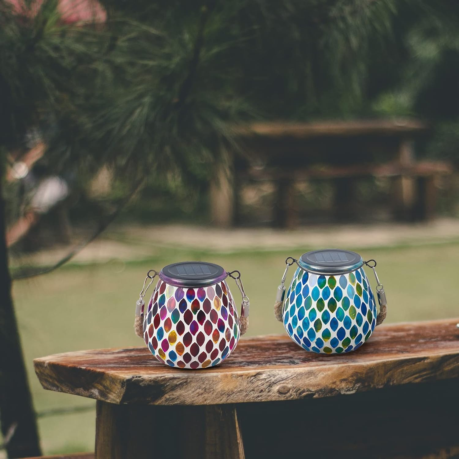 Zarmanuae Mosaic Solar Lanterns Outdoor Hanging Lights, Red & Blue Color Solar Glass Lights, Outdoor Waterproof Solar Night Lights, Garden, Patio, Pathway & Yard Multi-Colour, 2 Pack image number 4