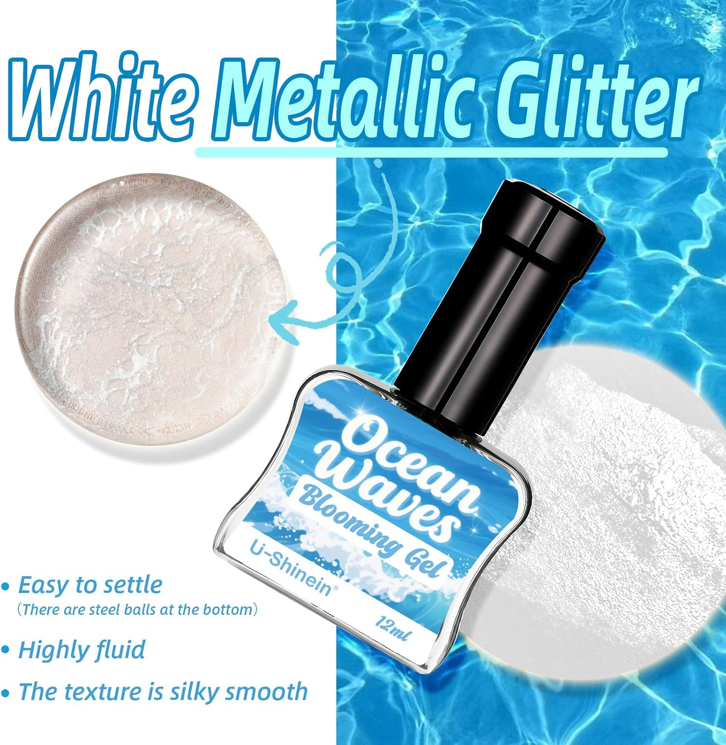 U-Shinein Blooming Gel Nail Polish, Marble Effect Nail Polish, White Watercolor Ink Wave Nail Gel with Magical Diffusion Effect for Creating Lace Pattern Nail Art Soak of UV/LED 12Ml image number 2