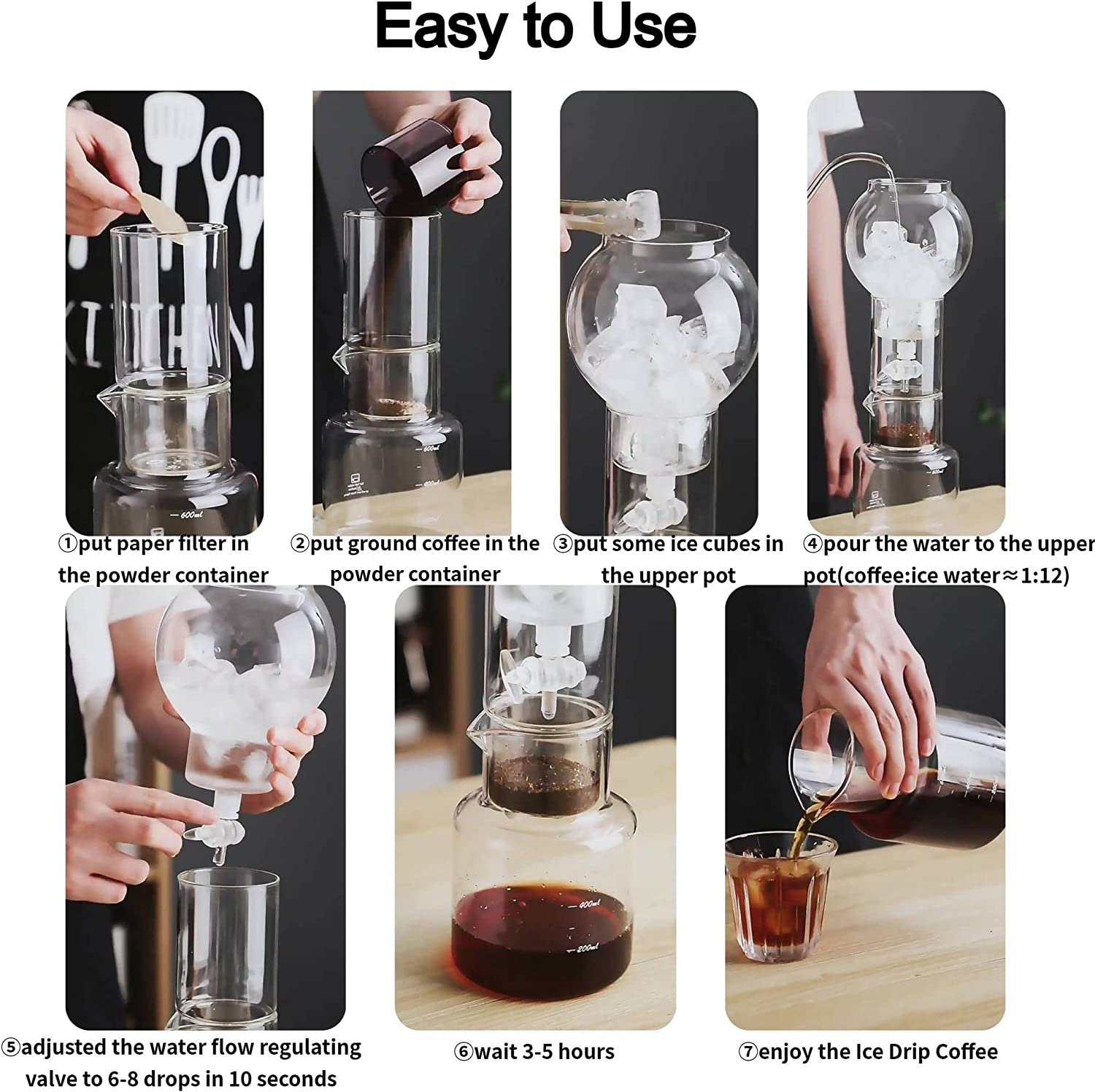 POPULUSL Ice Drip Coffee Maker, Pure-Transparent Cold Brew Coffee Maker, High Boron Glass Household Ice Water Cold Brew 600Ml Coffee Pot with Coffee Paper Filter for Home Office, Adjustable Water Flow