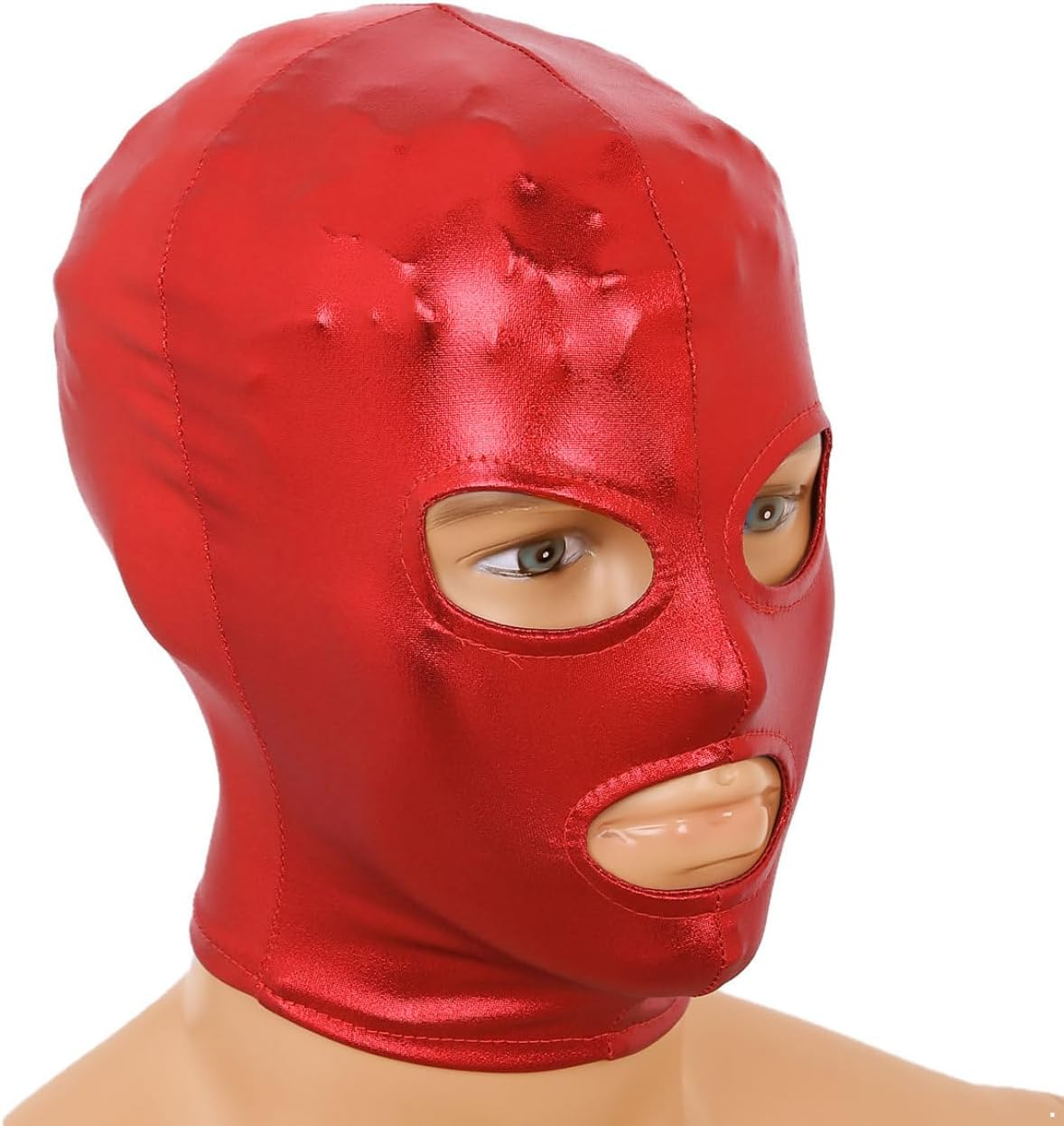 Unisex Adult Headgear Latex Smooth Metal Open Eyes Mouth Full Face Mask Hood Cosplay Clothing