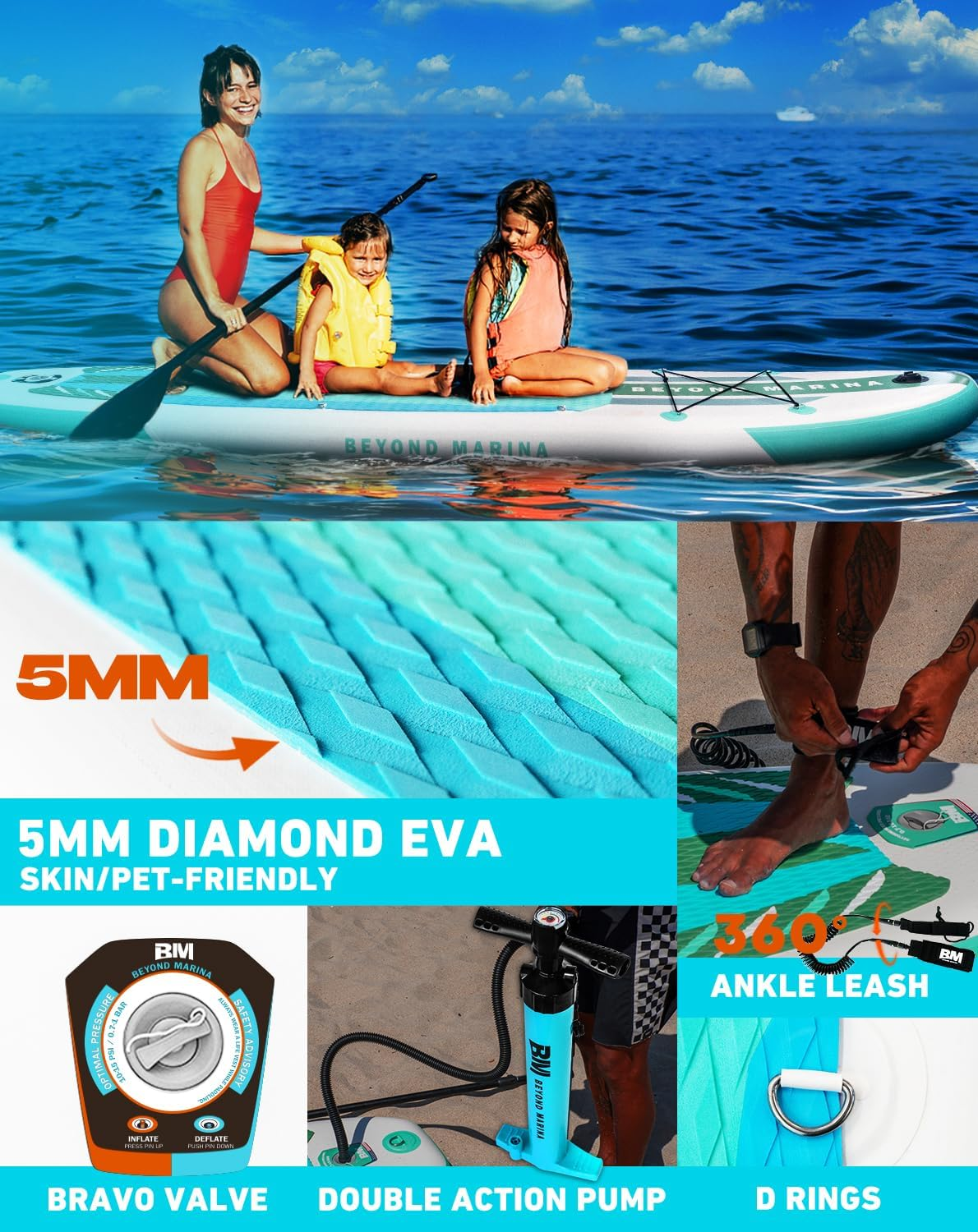 BEYOND MARINA Sup Board, Stand up Paddling Board, Paddle Board, Inflatable Paddleboard, Surfboard, Water Sports, Pump, Backpack, Paddle, Leash, 320 X 81 X 15 Cm image number 3