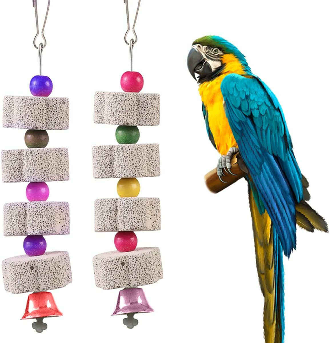 Ruayia Bird Chew Toy, 2 Pieces Birdbeak Whetstone with Bell, Parrot Beak Whetstone for Cockatoo Budgie Parakeet Cockatiel Lovebird, Hanging Swing Bird Cage Accessories image number 3