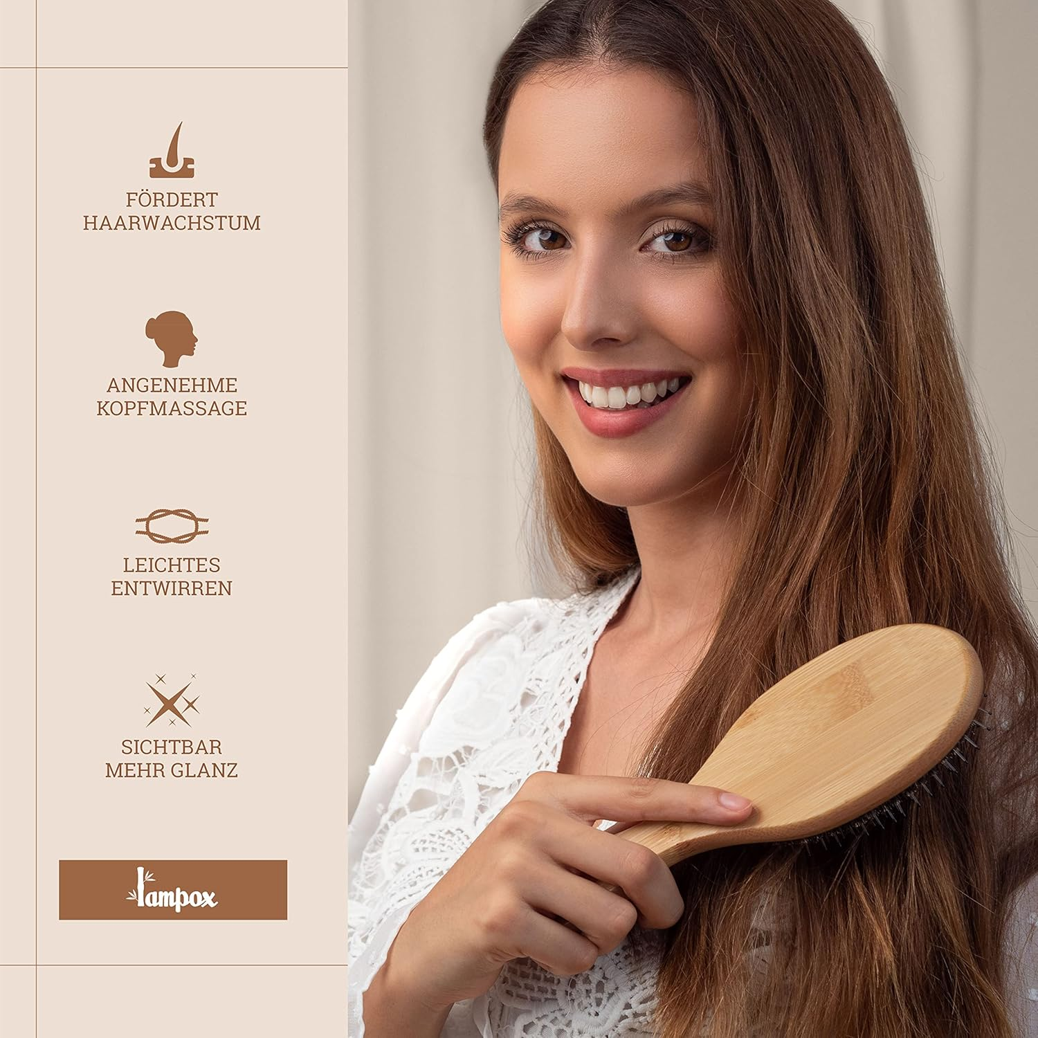 Lampox - Bamboo Hair Brush with Boar Bristles Head Massage Hair Care, Detangling Brush for Long Hair & Curls of Women, Men & Children, Massage Brush for Scalp, Detangler (Oval) image number 1