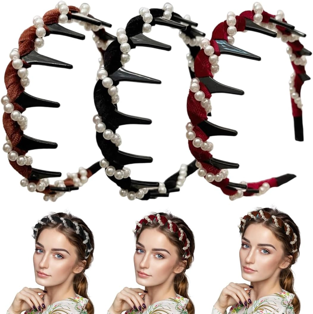 Pack of 3 Pearl Zigzag Headbands, Pearl Shark Tooth Hair Comb, Hard Headbands, Women'S Wavy Plastic Headband, Make up Headband, for Sports, Fitness, Daily Girls, Women, Men image number 1