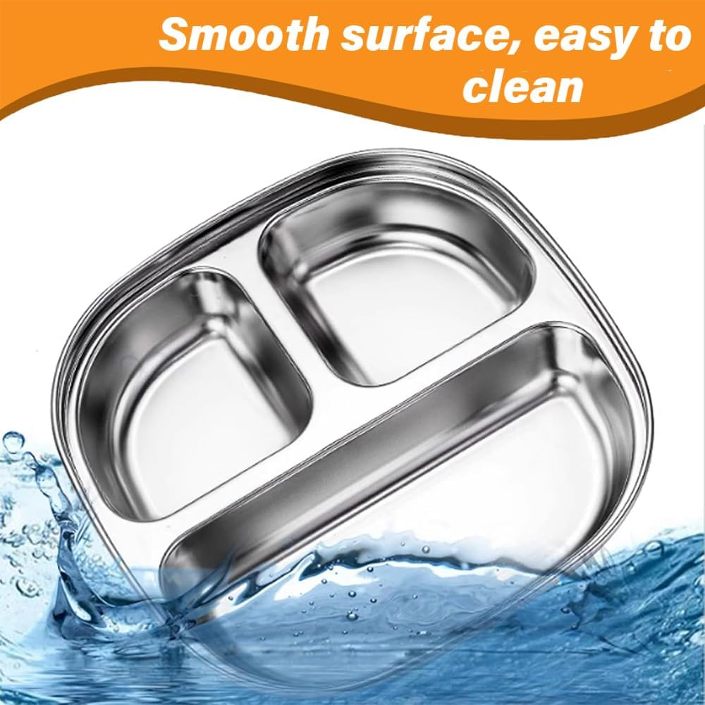 SHENMAIDAY 4-Pack Stainless Steel Small Dinner Plates, Stainless Steel Trays, Portion Control Divider Trays with Lids, 3-Compartment Lunch Divider Trays, Family Camping Metal Food Trays image number 4