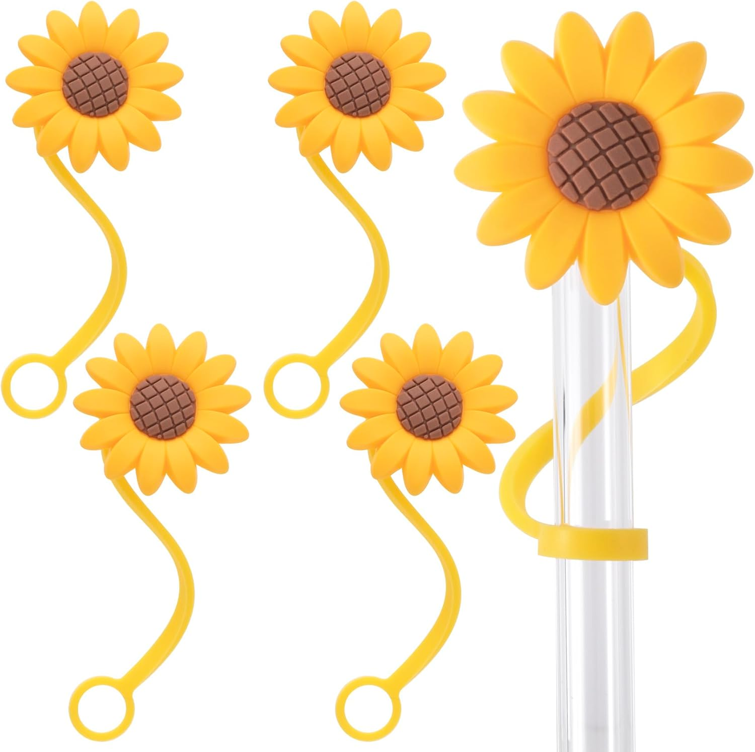 5 Pcs 0.3Inch Sunflower Straw Toppers Reusable Silicone Drinking Straw Covers Yellow Cup Dispenser Caps Dust-Proof Accessory image number 4